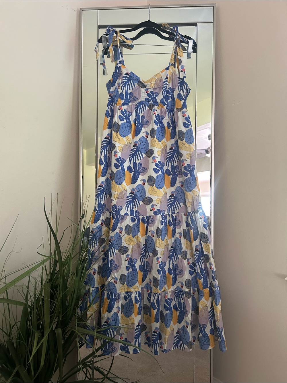 Joy Joy Blue and Yellow Leaf-Print Smocked Maxi Dress